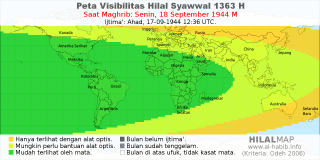 HilalMap: Peta Visibilitas Hilal Syawwal 1363 H: rukyat tanggal 1944-9-18 M