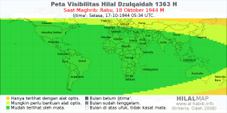 HilalMap: Peta Visibilitas Hilal Dzulqaidah 1363 H: rukyat tanggal 1944-10-18 M