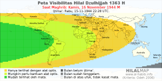 HilalMap: Peta Visibilitas Hilal Dzulhijjah 1363 H: rukyat tanggal 1944-11-16 M