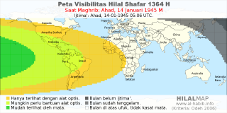 HilalMap: Peta Visibilitas Hilal Shafar 1364 H: rukyat tanggal 1945-1-14 M