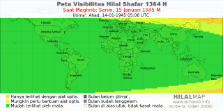 HilalMap: Peta Visibilitas Hilal Shafar 1364 H: rukyat tanggal 1945-1-15 M