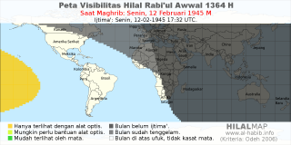 HilalMap: Peta Visibilitas Hilal Rabiul-Awwal 1364 H: rukyat tanggal 1945-2-12 M