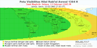 HilalMap: Peta Visibilitas Hilal Rabiul-Awwal 1364 H: rukyat tanggal 1945-2-13 M