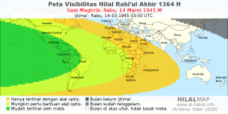 HilalMap: Peta Visibilitas Hilal Rabiul-Akhir 1364 H: rukyat tanggal 1945-3-14 M