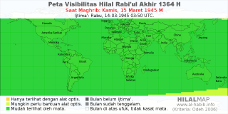 HilalMap: Peta Visibilitas Hilal Rabiul-Akhir 1364 H: rukyat tanggal 1945-3-15 M
