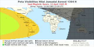 HilalMap: Peta Visibilitas Hilal Jumadal-Awwal 1364 H: rukyat tanggal 1945-4-12 M
