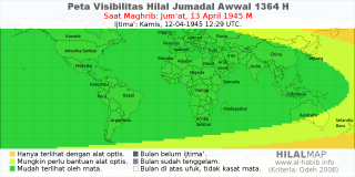 HilalMap: Peta Visibilitas Hilal Jumadal-Awwal 1364 H: rukyat tanggal 1945-4-13 M