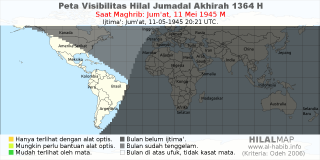 HilalMap: Peta Visibilitas Hilal Jumadal-Akhirah 1364 H: rukyat tanggal 1945-5-11 M