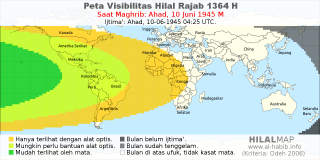HilalMap: Peta Visibilitas Hilal Rajab 1364 H: rukyat tanggal 1945-6-10 M