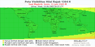 HilalMap: Peta Visibilitas Hilal Rajab 1364 H: rukyat tanggal 1945-6-11 M