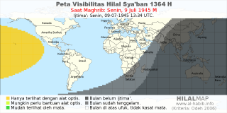 HilalMap: Peta Visibilitas Hilal Syaban 1364 H: rukyat tanggal 1945-7-9 M