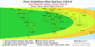 HilalMap: Peta Visibilitas Hilal Syaban 1364 H: rukyat tanggal 1945-7-10 M