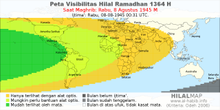 HilalMap: Peta Visibilitas Hilal Ramadhan 1364 H: rukyat tanggal 1945-8-8 M