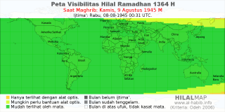 HilalMap: Peta Visibilitas Hilal Ramadhan 1364 H: rukyat tanggal 1945-8-9 M
