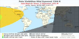 HilalMap: Peta Visibilitas Hilal Syawwal 1364 H: rukyat tanggal 1945-9-6 M