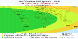 HilalMap: Peta Visibilitas Hilal Syawwal 1364 H: rukyat tanggal 1945-9-7 M