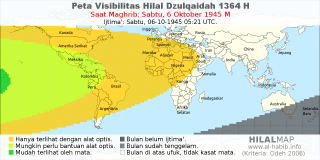 HilalMap: Peta Visibilitas Hilal Dzulqaidah 1364 H: rukyat tanggal 1945-10-6 M