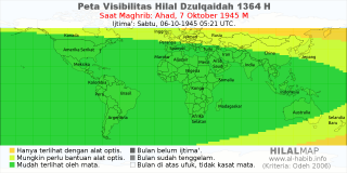 HilalMap: Peta Visibilitas Hilal Dzulqaidah 1364 H: rukyat tanggal 1945-10-7 M