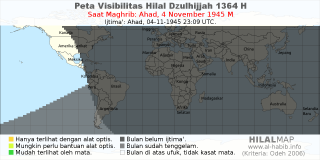 HilalMap: Peta Visibilitas Hilal Dzulhijjah 1364 H: rukyat tanggal 1945-11-4 M