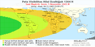 HilalMap: Peta Visibilitas Hilal Dzulhijjah 1364 H: rukyat tanggal 1945-11-5 M