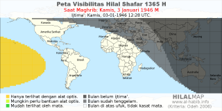 HilalMap: Peta Visibilitas Hilal Shafar 1365 H: rukyat tanggal 1946-1-3 M