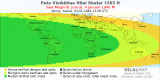 HilalMap: Peta Visibilitas Hilal Shafar 1365 H: rukyat tanggal 1946-1-4 M