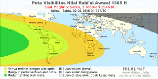 HilalMap: Peta Visibilitas Hilal Rabiul-Awwal 1365 H: rukyat tanggal 1946-2-2 M