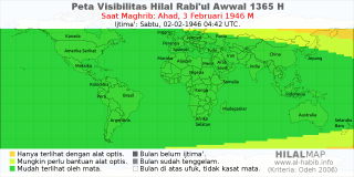 HilalMap: Peta Visibilitas Hilal Rabiul-Awwal 1365 H: rukyat tanggal 1946-2-3 M