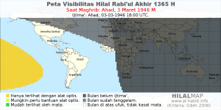 HilalMap: Peta Visibilitas Hilal Rabiul-Akhir 1365 H: rukyat tanggal 1946-3-3 M