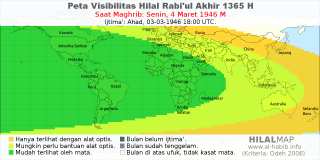 HilalMap: Peta Visibilitas Hilal Rabiul-Akhir 1365 H: rukyat tanggal 1946-3-4 M