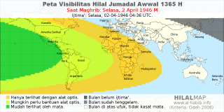 HilalMap: Peta Visibilitas Hilal Jumadal-Awwal 1365 H: rukyat tanggal 1946-4-2 M