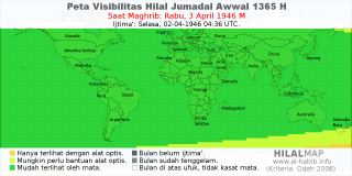 HilalMap: Peta Visibilitas Hilal Jumadal-Awwal 1365 H: rukyat tanggal 1946-4-3 M