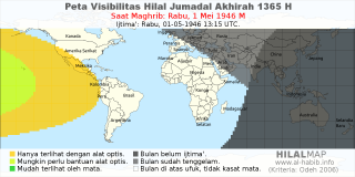 HilalMap: Peta Visibilitas Hilal Jumadal-Akhirah 1365 H: rukyat tanggal 1946-5-1 M