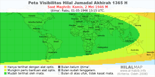HilalMap: Peta Visibilitas Hilal Jumadal-Akhirah 1365 H: rukyat tanggal 1946-5-2 M