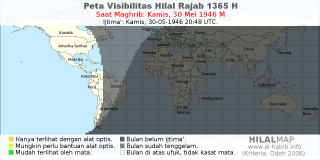 HilalMap: Peta Visibilitas Hilal Rajab 1365 H: rukyat tanggal 1946-5-30 M