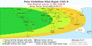 HilalMap: Peta Visibilitas Hilal Rajab 1365 H: rukyat tanggal 1946-5-31 M