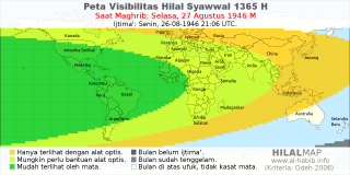 HilalMap: Peta Visibilitas Hilal Syawwal 1365 H: rukyat tanggal 1946-8-27 M