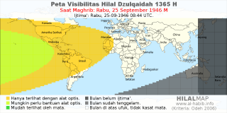 HilalMap: Peta Visibilitas Hilal Dzulqaidah 1365 H: rukyat tanggal 1946-9-25 M