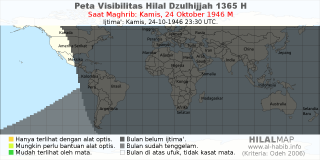 HilalMap: Peta Visibilitas Hilal Dzulhijjah 1365 H: rukyat tanggal 1946-10-24 M