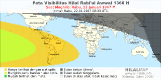 HilalMap: Peta Visibilitas Hilal Rabiul-Awwal 1366 H: rukyat tanggal 1947-1-22 M