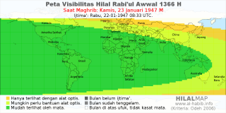 HilalMap: Peta Visibilitas Hilal Rabiul-Awwal 1366 H: rukyat tanggal 1947-1-23 M
