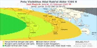 HilalMap: Peta Visibilitas Hilal Rabiul-Akhir 1366 H: rukyat tanggal 1947-2-21 M
