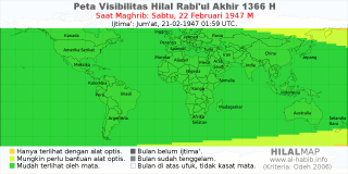 HilalMap: Peta Visibilitas Hilal Rabiul-Akhir 1366 H: rukyat tanggal 1947-2-22 M