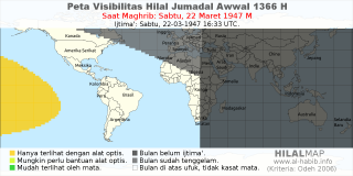 HilalMap: Peta Visibilitas Hilal Jumadal-Awwal 1366 H: rukyat tanggal 1947-3-22 M