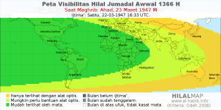 HilalMap: Peta Visibilitas Hilal Jumadal-Awwal 1366 H: rukyat tanggal 1947-3-23 M