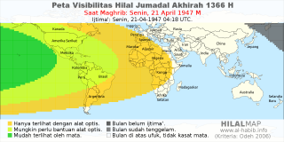 HilalMap: Peta Visibilitas Hilal Jumadal-Akhirah 1366 H: rukyat tanggal 1947-4-21 M