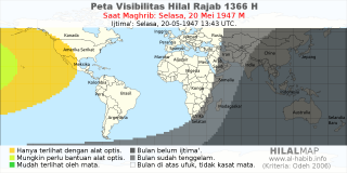 HilalMap: Peta Visibilitas Hilal Rajab 1366 H: rukyat tanggal 1947-5-20 M