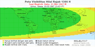 HilalMap: Peta Visibilitas Hilal Rajab 1366 H: rukyat tanggal 1947-5-21 M