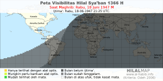 HilalMap: Peta Visibilitas Hilal Syaban 1366 H: rukyat tanggal 1947-6-18 M