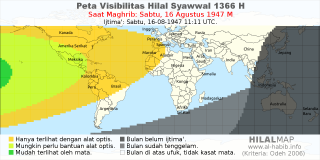 HilalMap: Peta Visibilitas Hilal Syawwal 1366 H: rukyat tanggal 1947-8-16 M